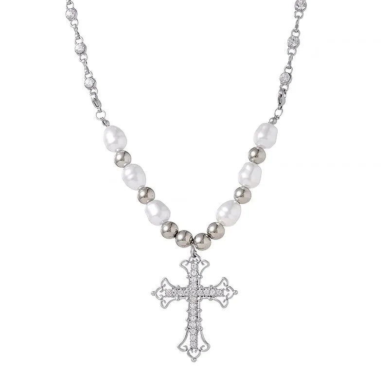 Pearl Cross Retro Necklace (19.5 in. chain)