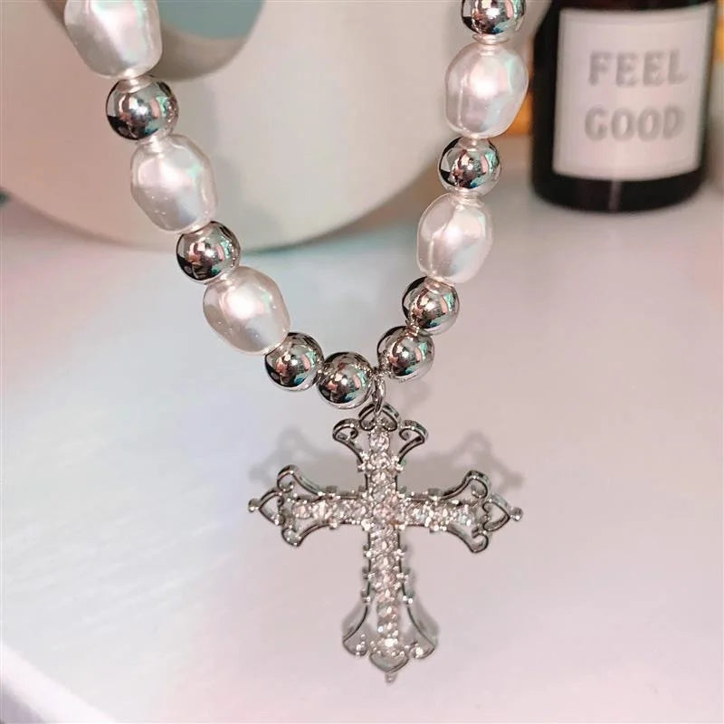 Pearl Cross Retro Necklace (19.5 in. chain)