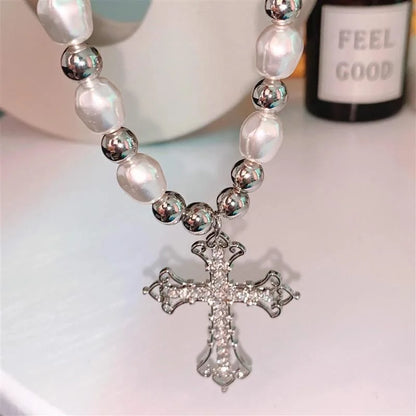 Pearl Cross Retro Necklace (19.5 in. chain)