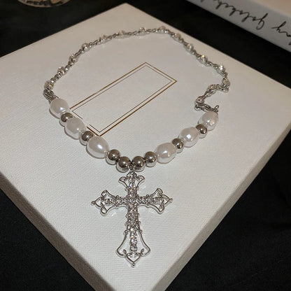 Pearl Cross Retro Necklace (19.5 in. chain)