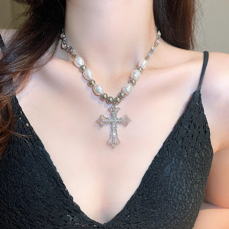 Pearl Cross Retro Necklace (19.5 in. chain)