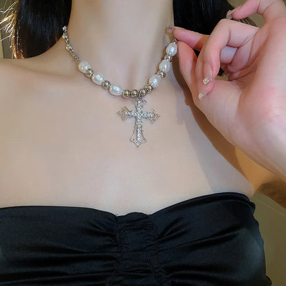 Pearl Cross Retro Necklace (19.5 in. chain)