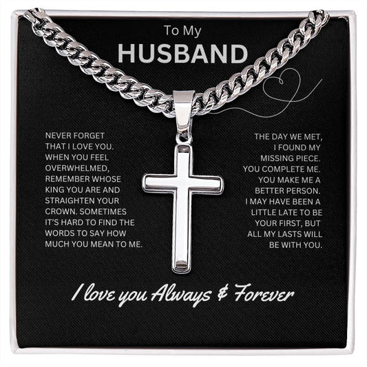 To My Husband - Personalized Artisan Cross Necklace (Never Forget)