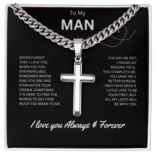 To My Man - Personalized Artisan Cross Necklace (Never Forget)