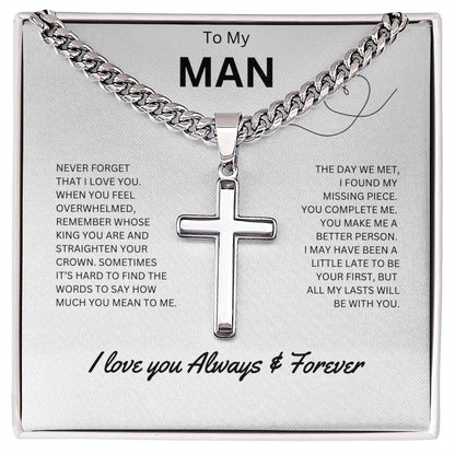 To My Man - Personalized Artisan Cross Necklace (Never Forget)