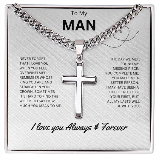 To My Man - Personalized Artisan Cross Necklace (Never Forget)