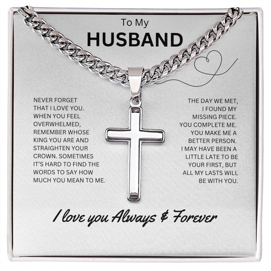 To My Husband - Personalized Artisan Cross Necklace (Never Forget)