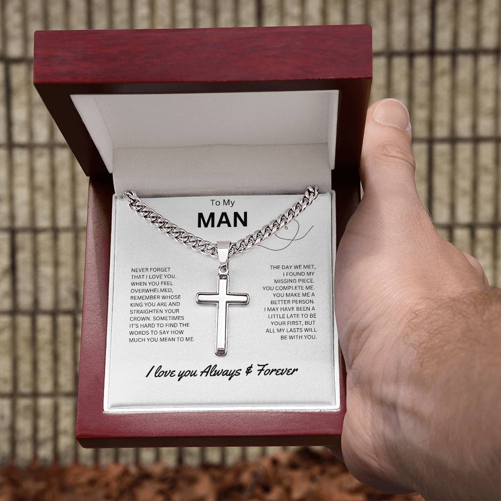 To My Man - Personalized Artisan Cross Necklace (Never Forget)